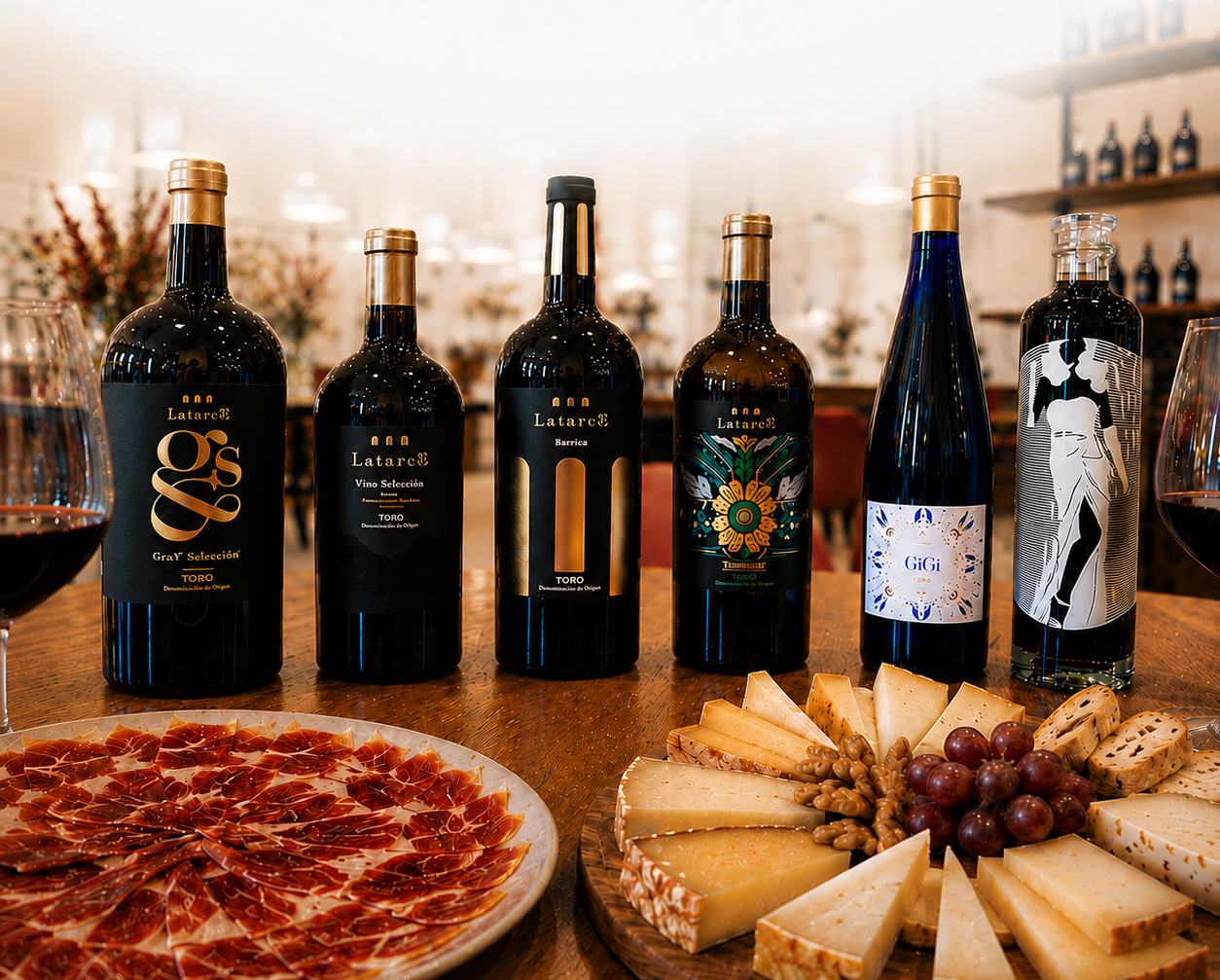 Cata de vinos D.O. Toro en Bodega Latarce — seis vinos con jamón ibérico y quesos zamoranos