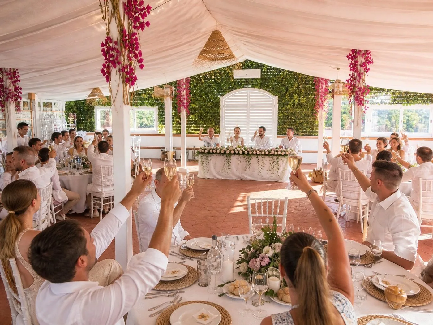 Brindis de los novios durante el banquete en Bodega Latarce