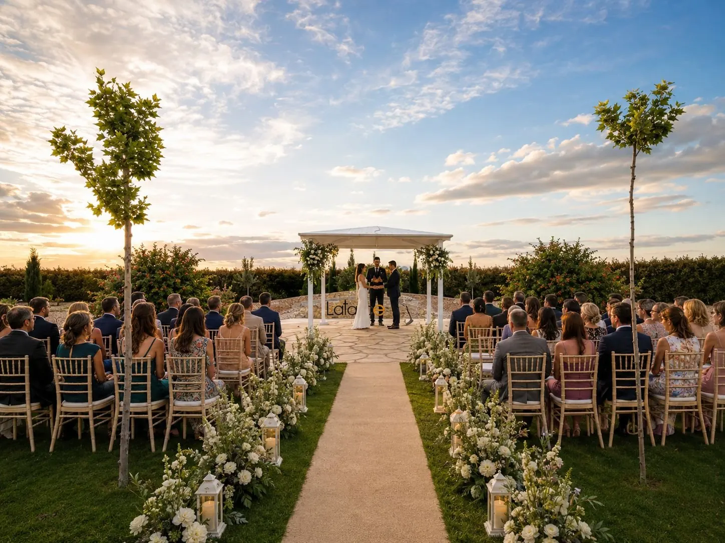 Cerimónia de casamento ao pôr do sol nos jardins da Bodega Latarce
