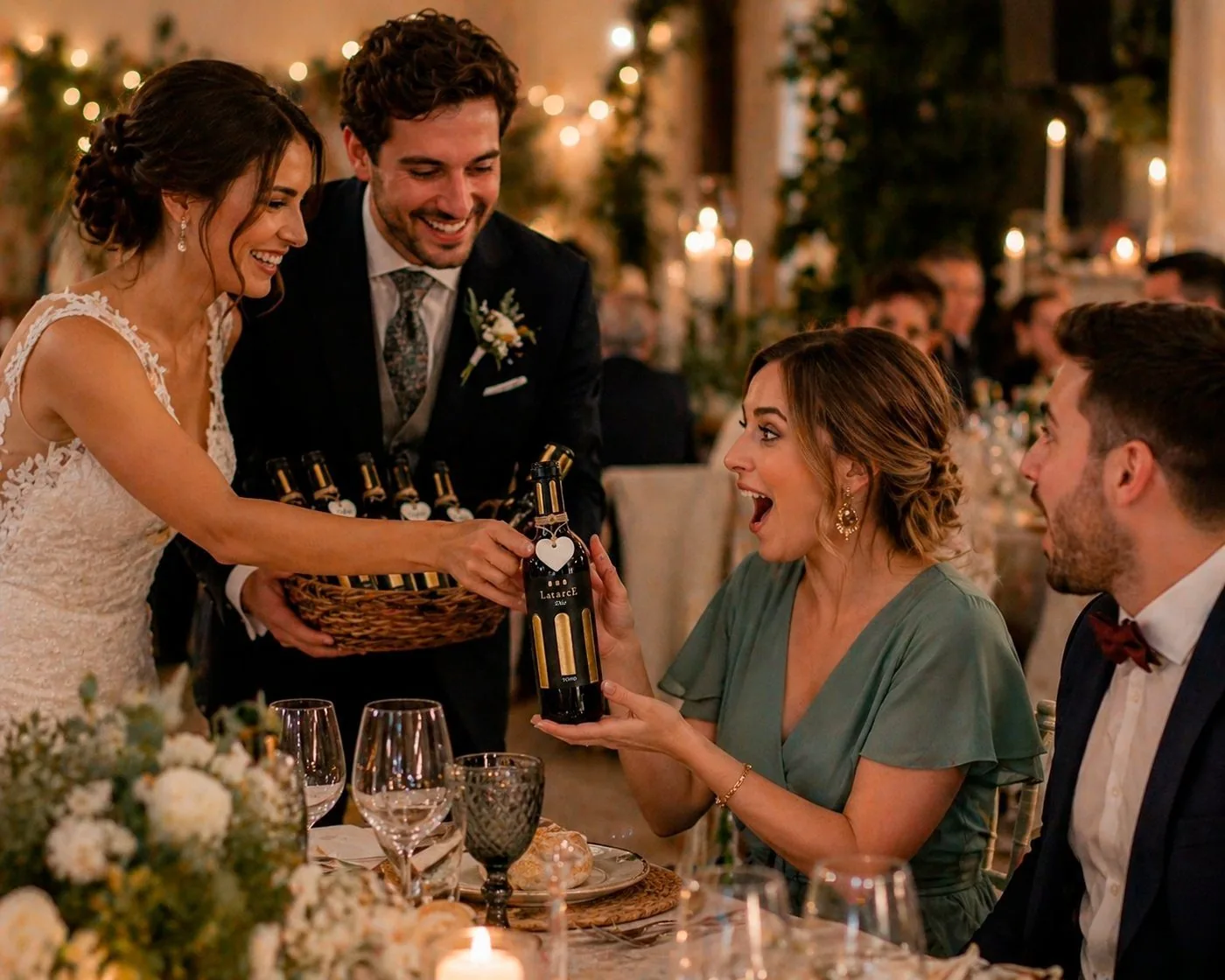Novios brindando con las botellas personalizadas Latarce Dúo