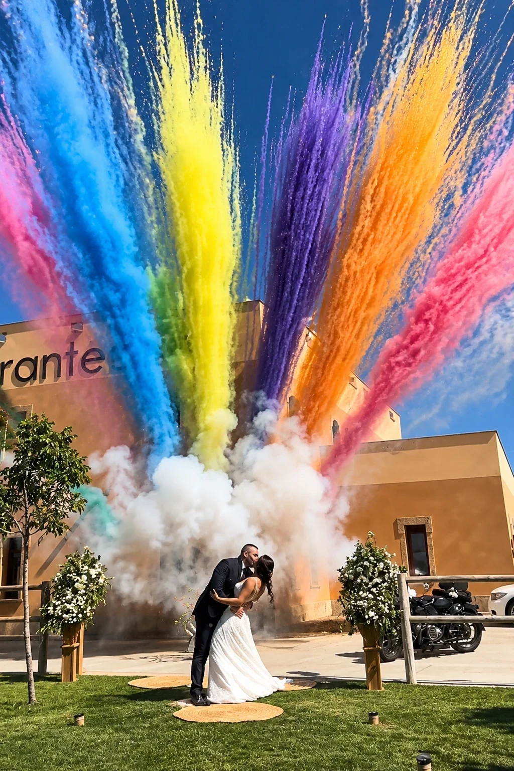 Andrea e Santi beijam-se no relvado, em frente à adega, enquanto atrás explode um leque de fumo colorido