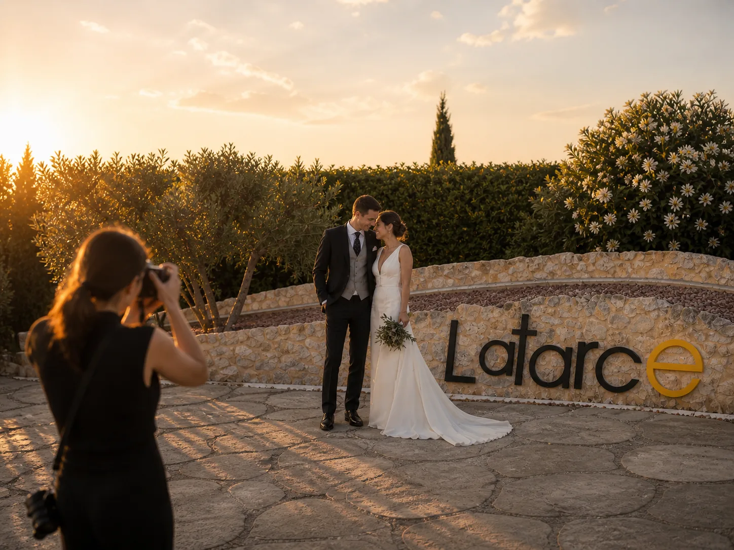 Novios siendo fotografiados junto al cartel de Bodega Latarce al atardecer