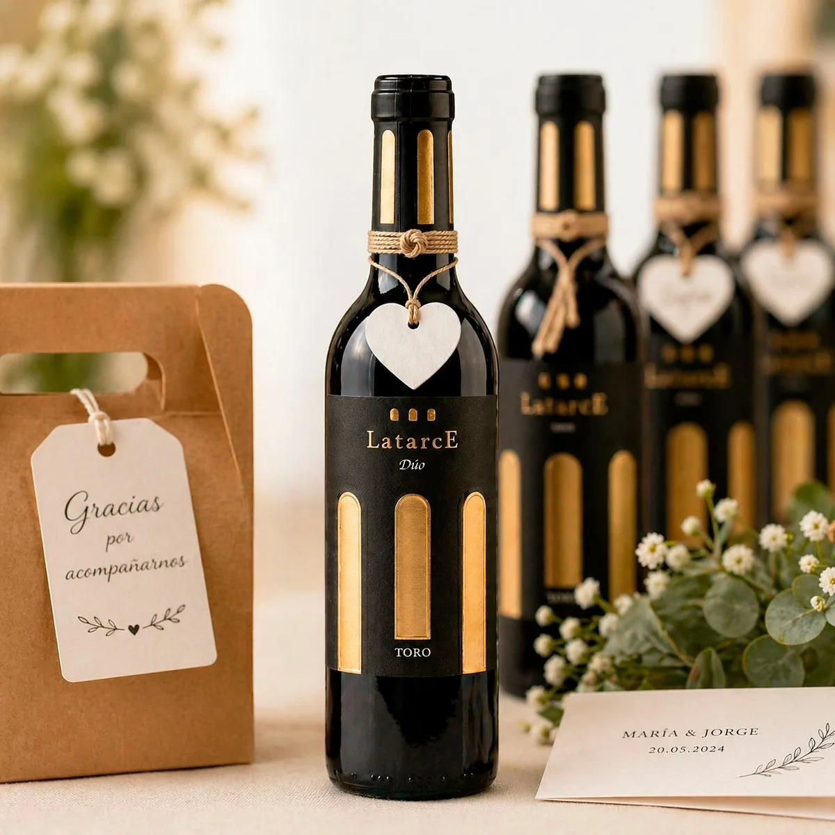 Botella Latarce Dúo personalizada con etiqueta de corazón, junto a la bolsa de regalo para los invitados