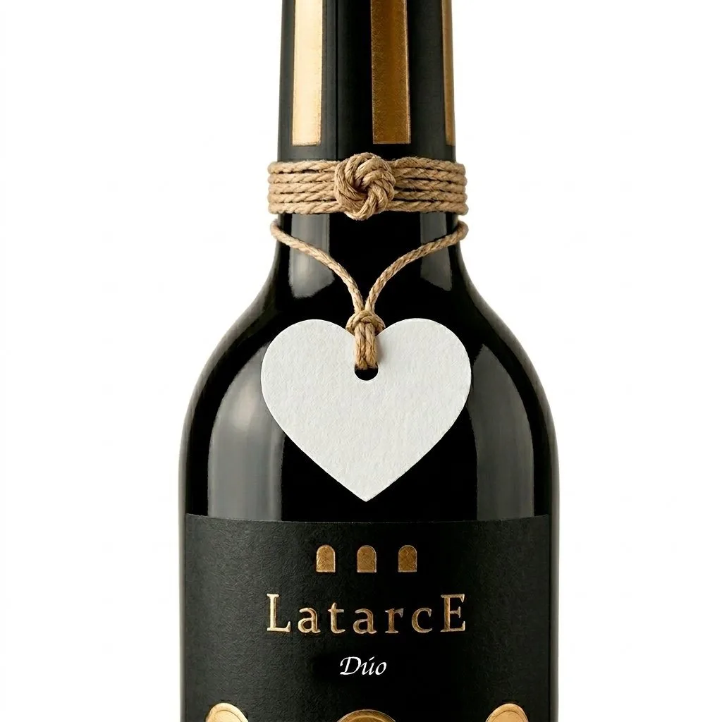 Detalle de la etiqueta con corazón de la botella personalizada Latarce Dúo
