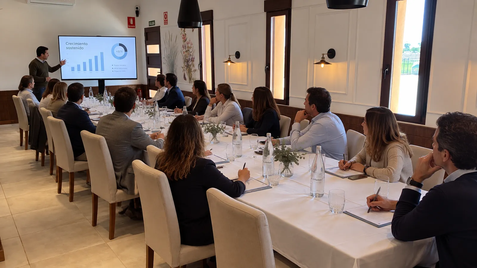 Presentación de empresa en el salón privado de Bodega Latarce, con pantalla y mesa larga