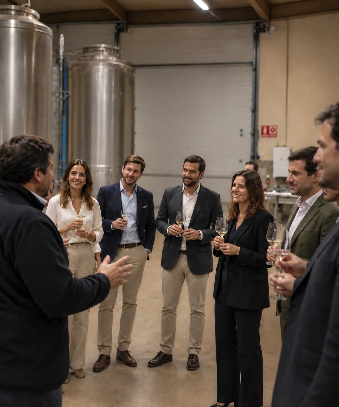 Cata de vinos entre los depósitos de acero de Bodega Latarce durante una jornada de empresa