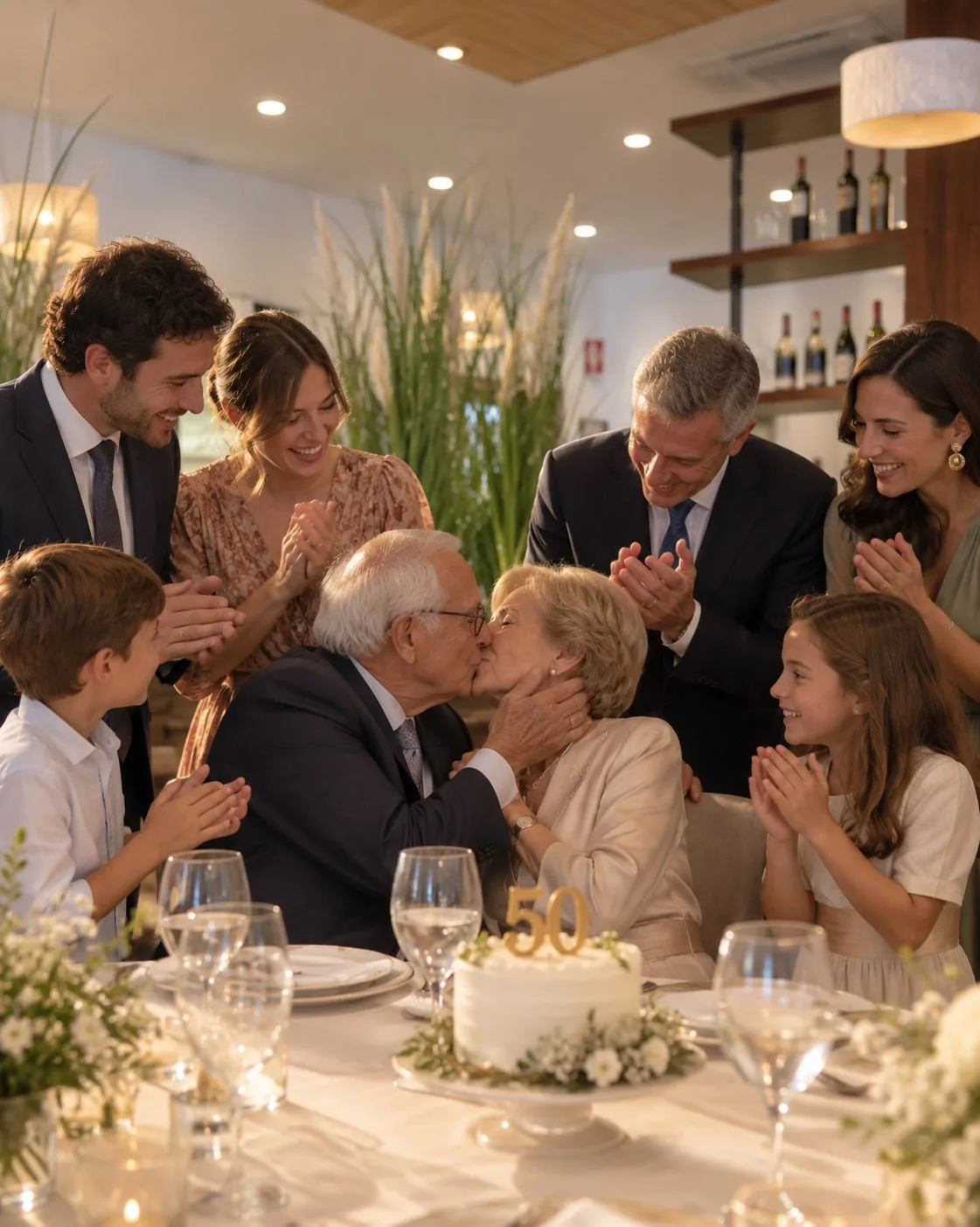 Matrimonio celebrando sus bodas de oro rodeado de su familia en Bodega Latarce