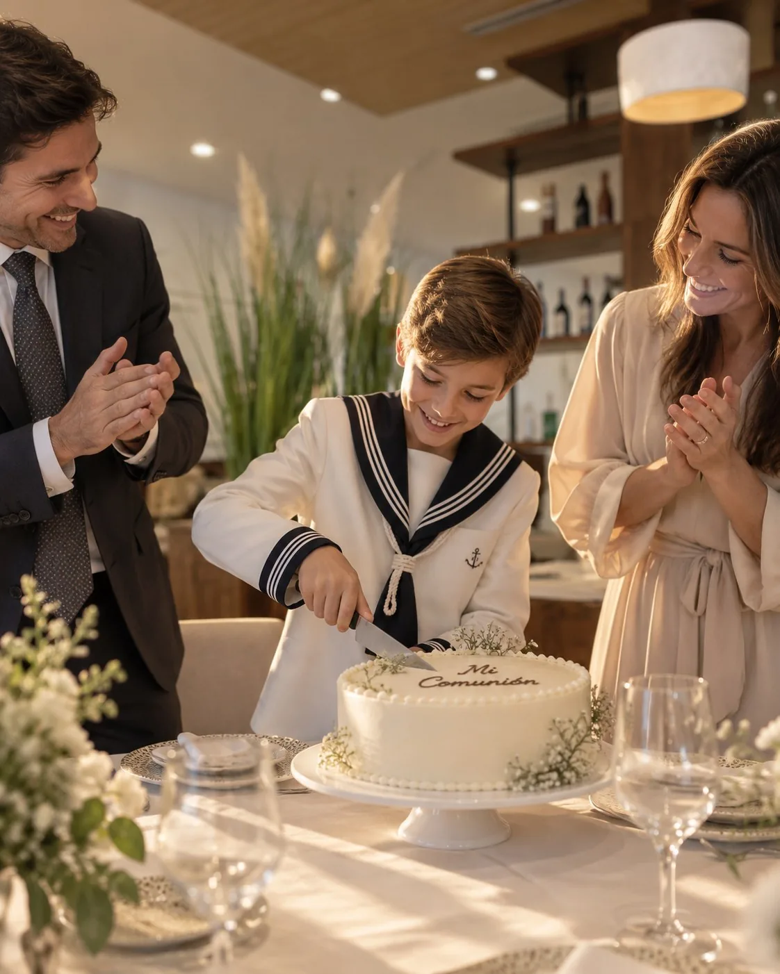 Niño de comunión cortando la tarta con sus padres en el salón de Bodega Latarce