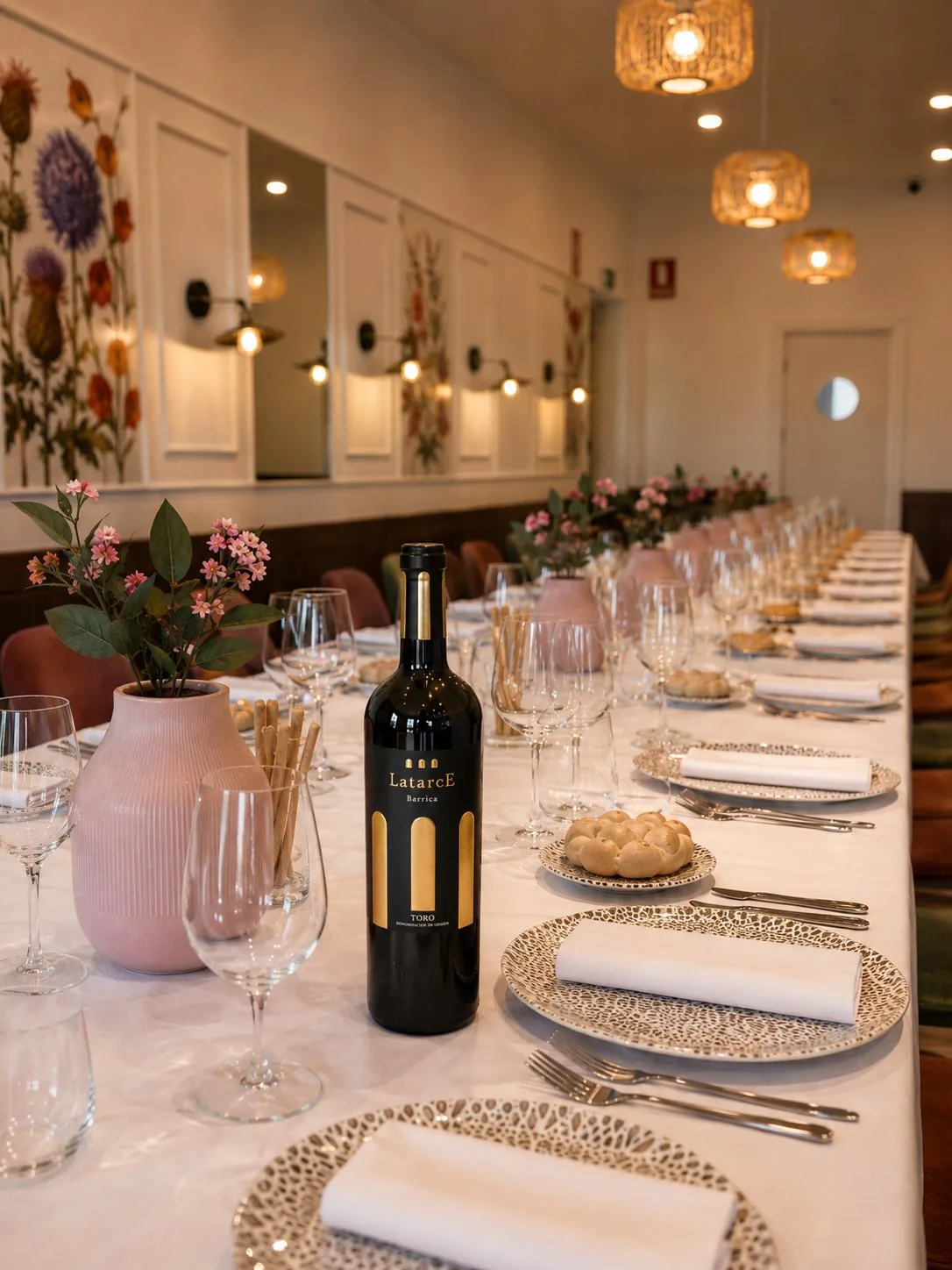 Mesa larga montada con flores y vino de Latarce para una comida familiar