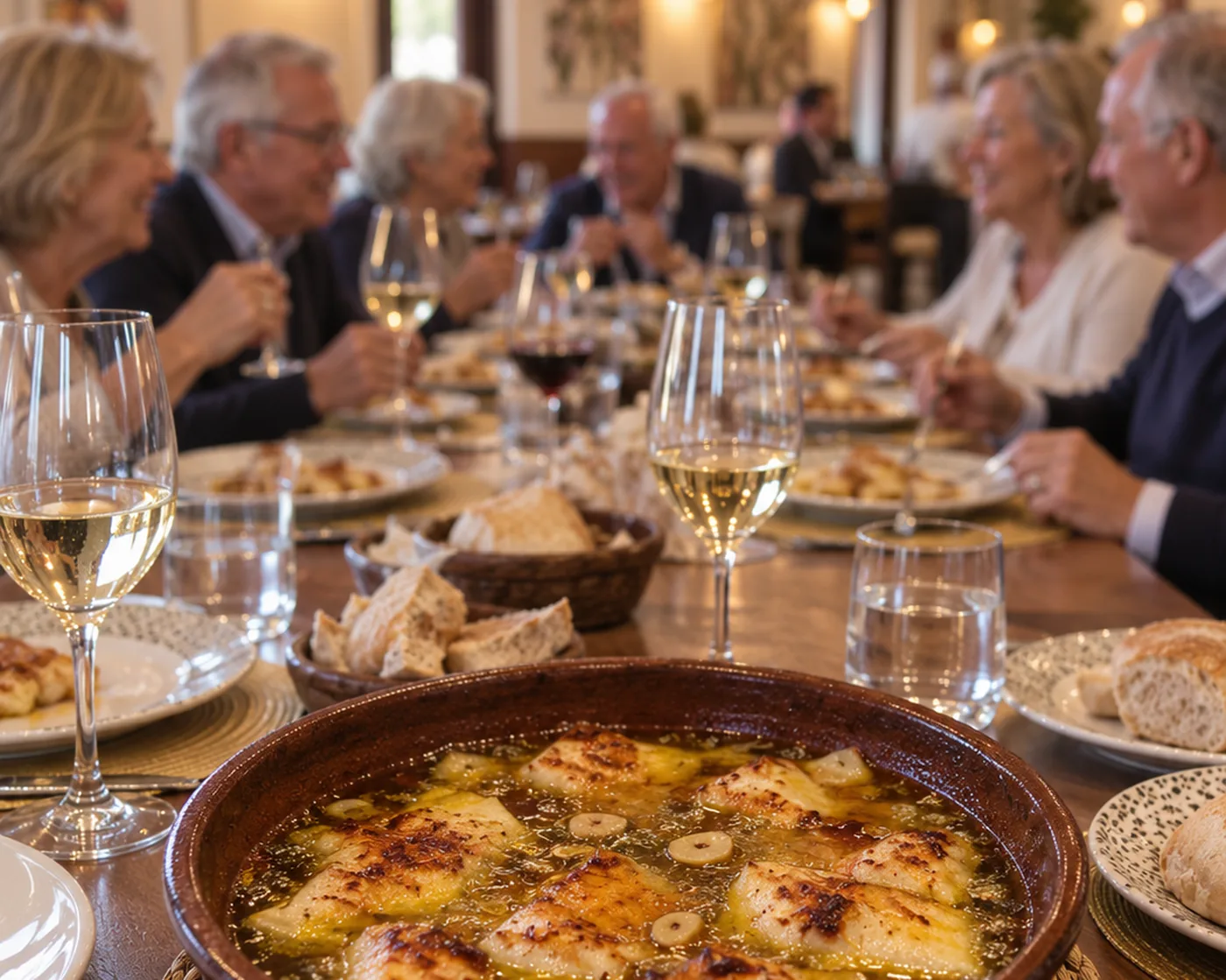 Bacalao al ajo arriero en cazuela de barro en primer plano, con un grupo comiendo al fondo en el restaurante de Bodega Latarce