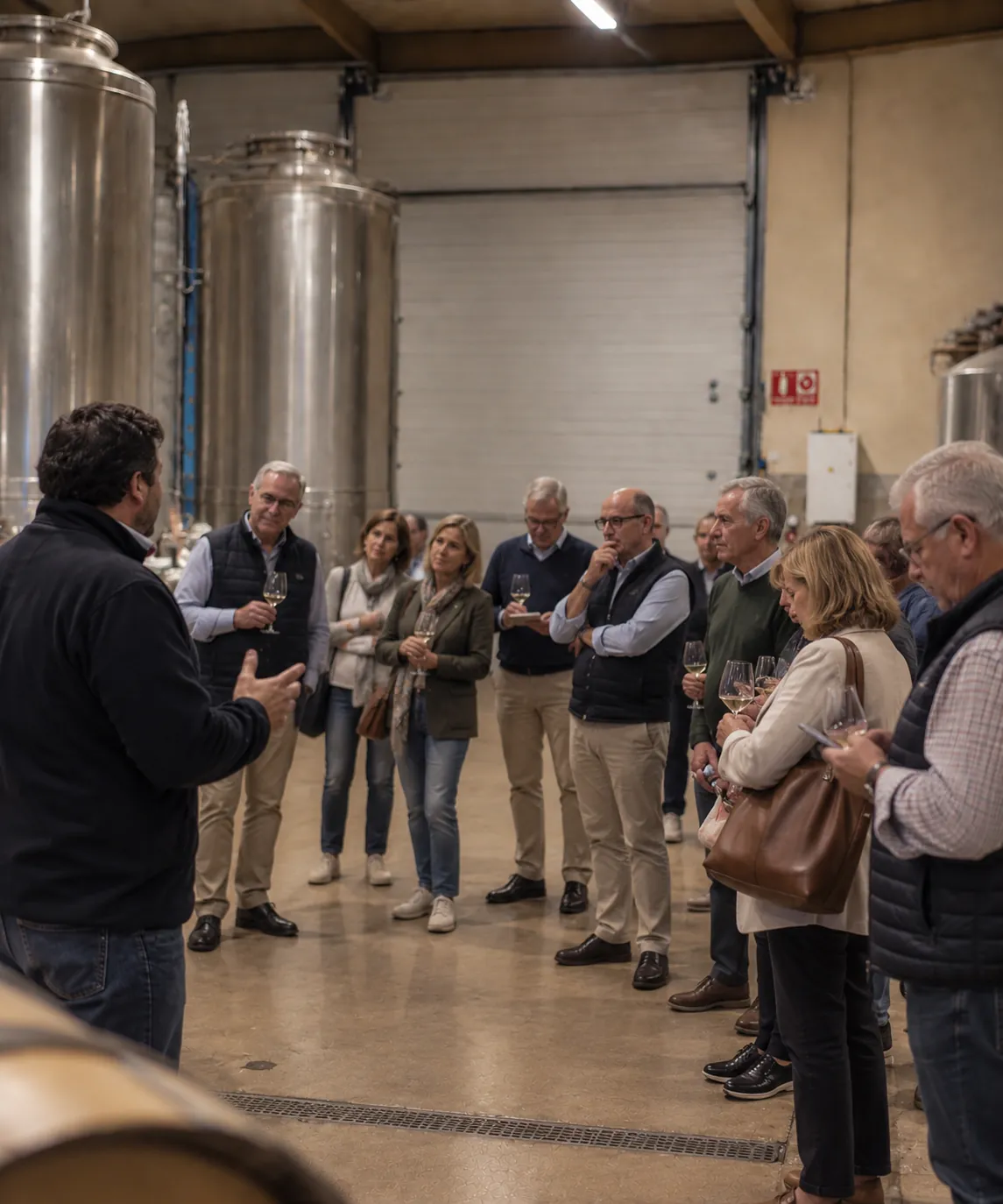 Cata de vinos entre los depósitos de acero de Bodega Latarce, con un grupo escuchando la explicación