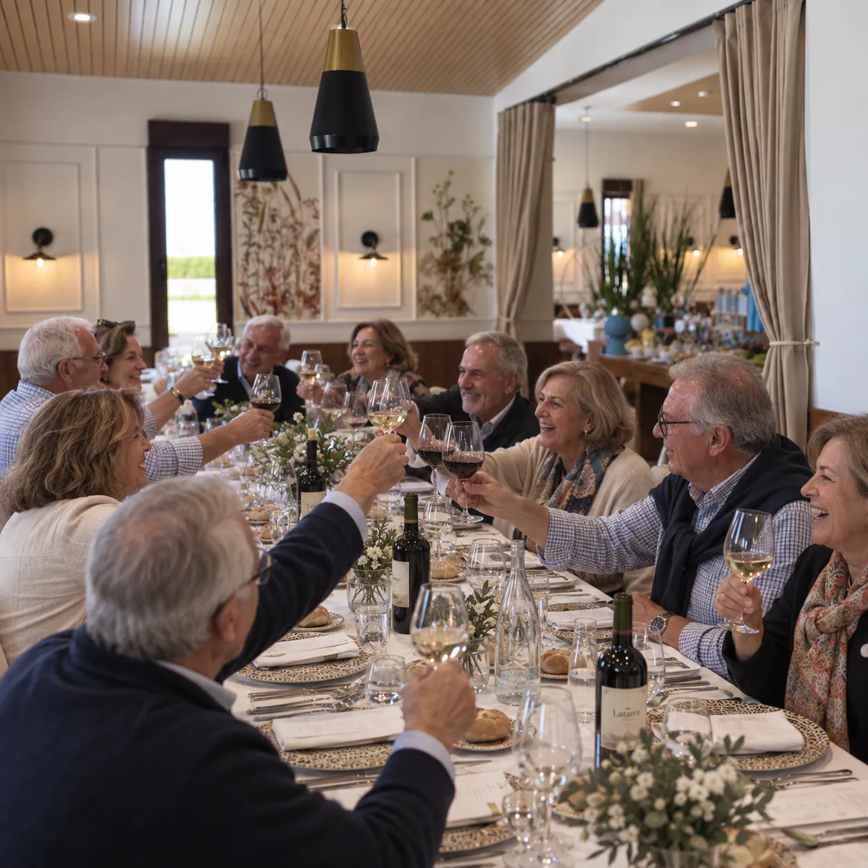 Grupo brindando alrededor de la mesa larga en el comedor de Bodega Latarce