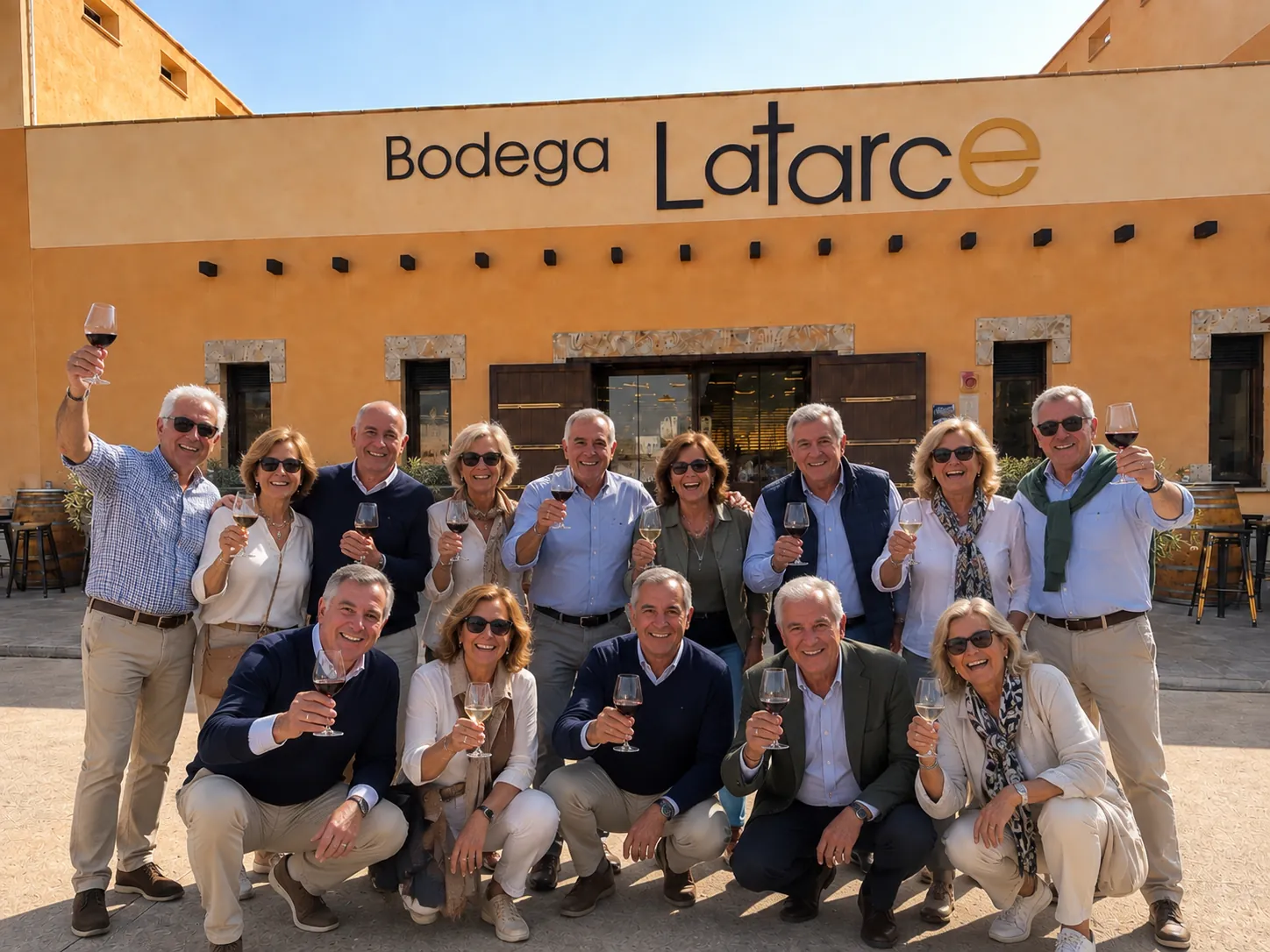 Grupo brindando a la entrada de Bodega Latarce, en Toro