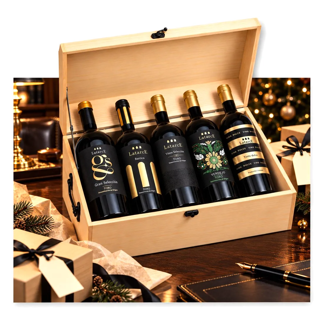 Cofre Colección Privada de Bodega Latarce con cinco vinos, preparado como regalo de empresa de Navidad