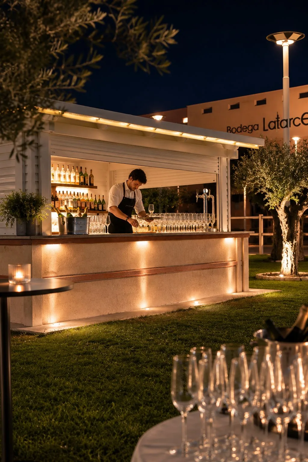 Barra de la bodega iluminada de noche en Villablanca
