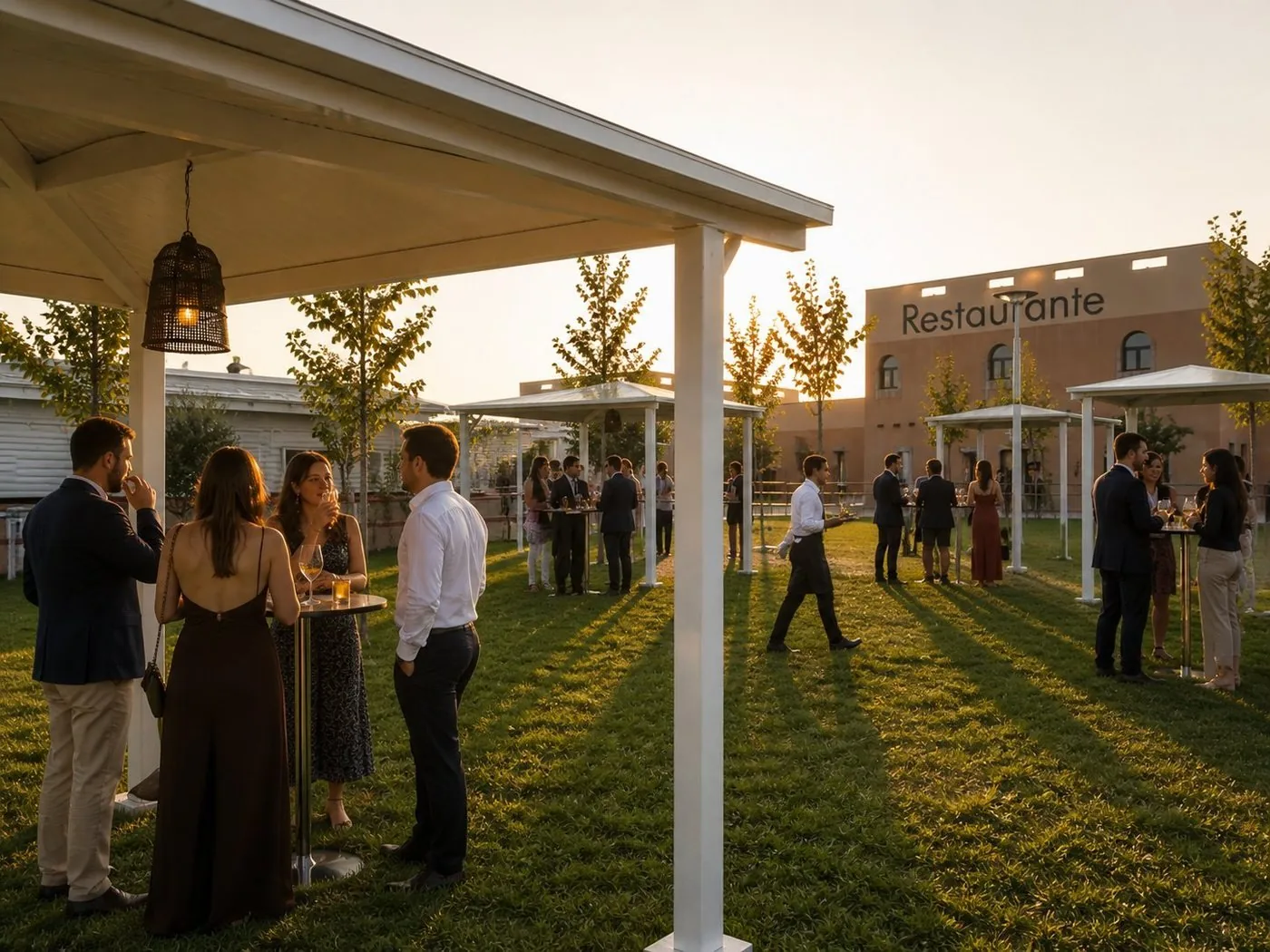 Cóctel de bienvenida al atardecer en los jardines de Villablanca