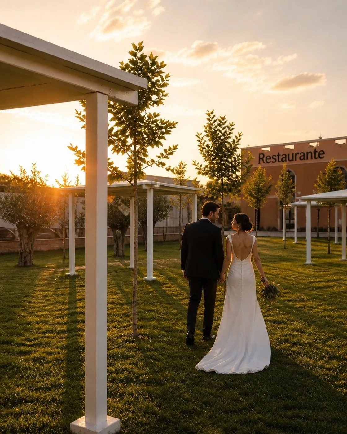 Novios paseando por los jardines de Villablanca al atardecer, en Bodega Latarce