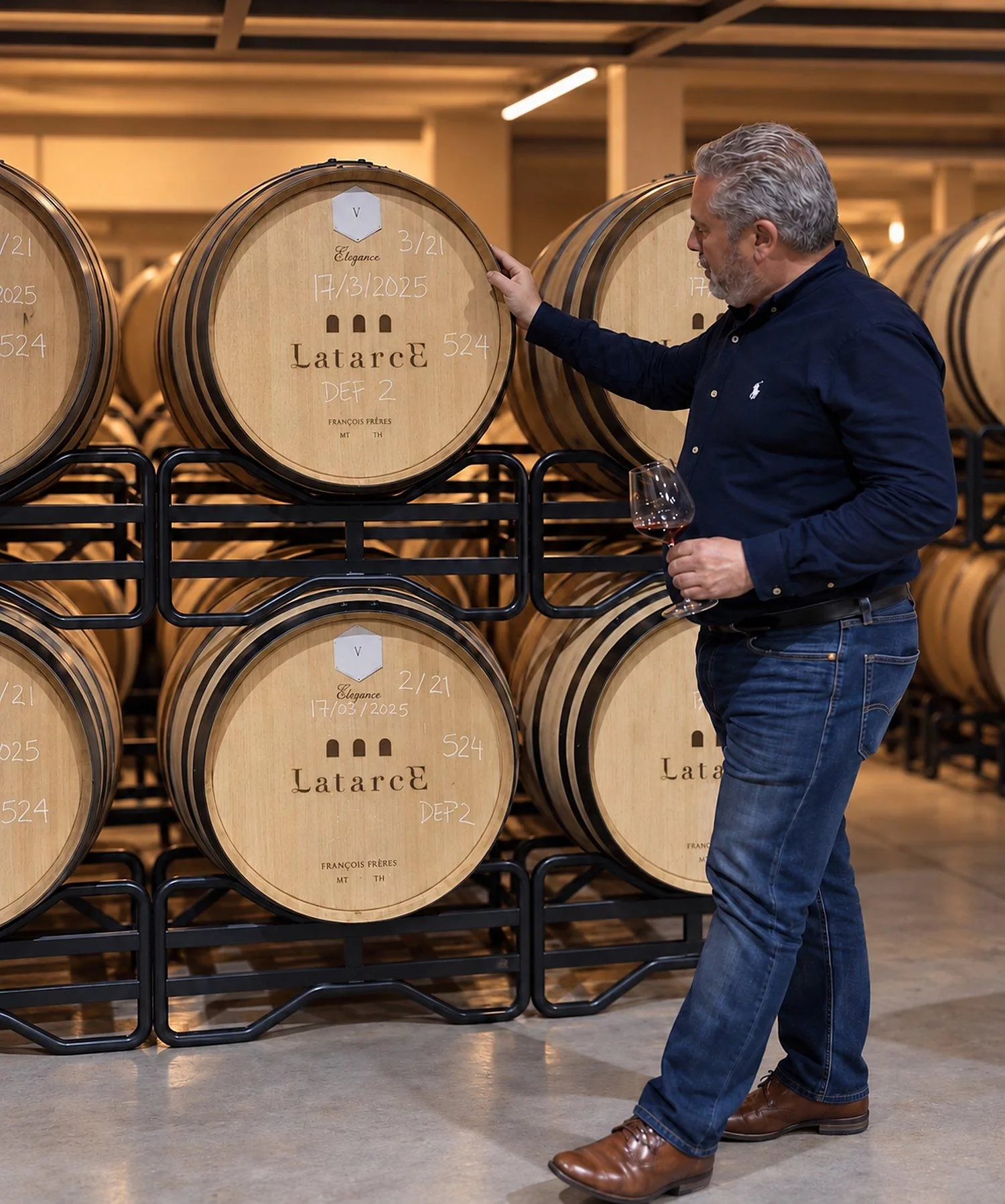 Eladio San José junto às barricas de carvalho francês da Bodega Latarce